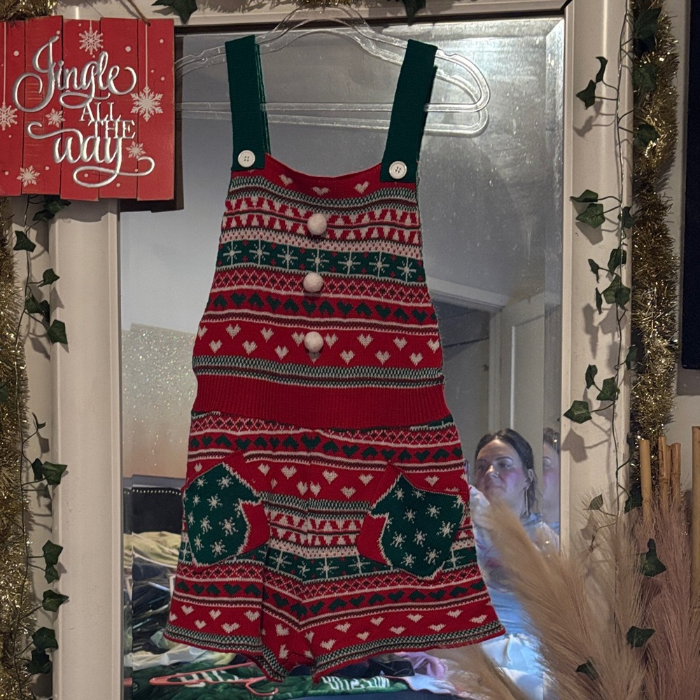 Festive Red and Green Knit Overalls